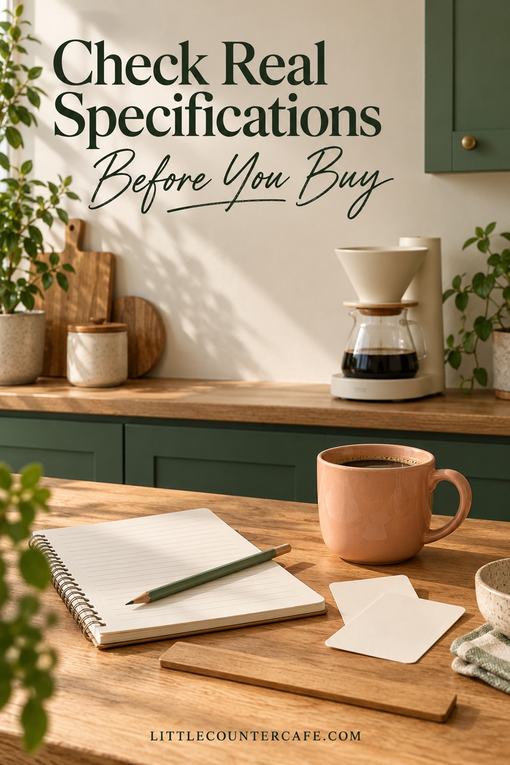 Blank lined notebook and model cards beside a peach mug, with a cream brewing stand on the counter behind.