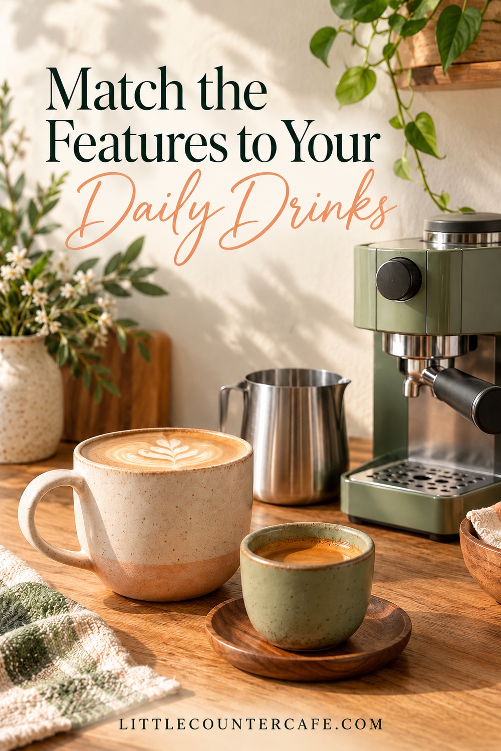 Illustrative latte and espresso cups with a milk pitcher beside a sage espresso machine.