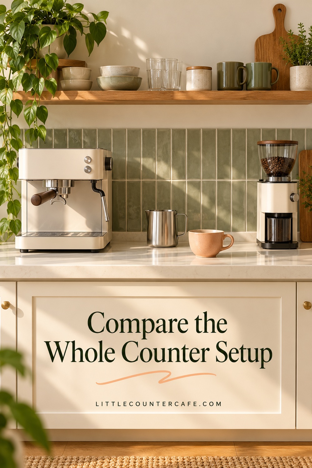 Concept small counter setup with an espresso machine, grinder and open preparation area.