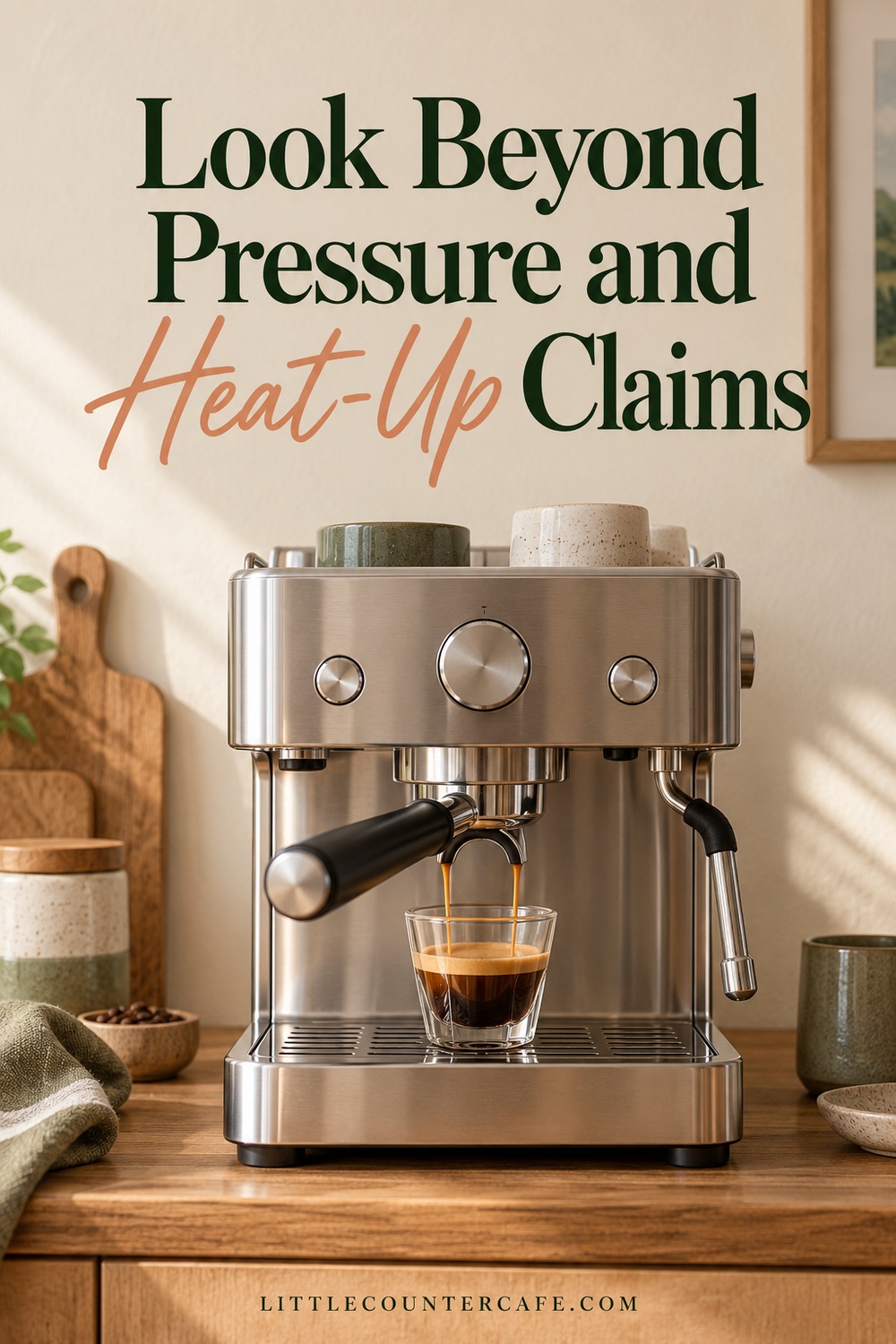 Illustrative close view of a stainless espresso machine and portafilter with an espresso glass.