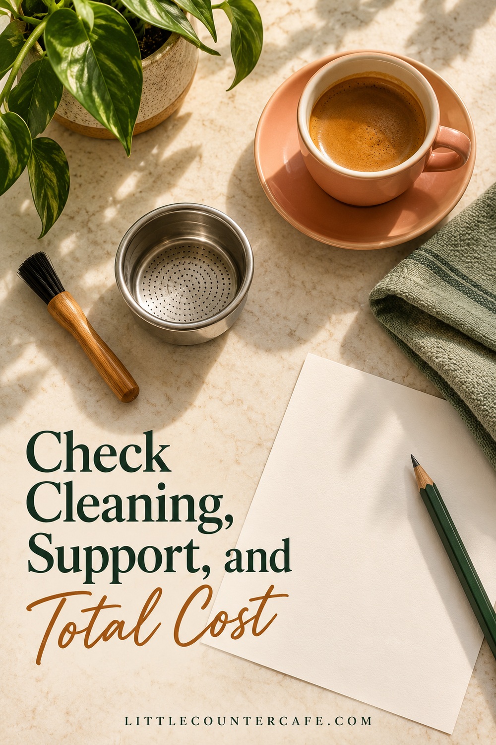 Overhead concept of an espresso basket, cleaning brush, sage cloth, pencil and blank comparison paper beside a peach cup.