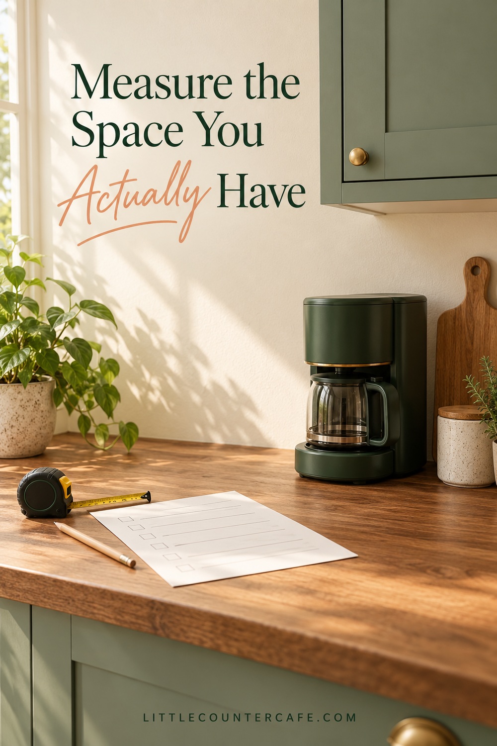 Concept drip coffee maker below a cabinet beside a blank measuring worksheet.