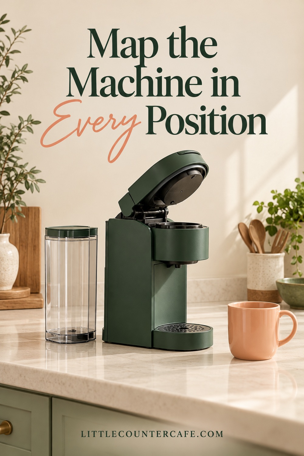 Concept illustration: Open green coffee maker with a detached clear tank and peach mug on a cream counter.