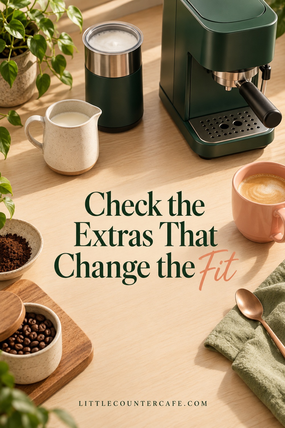Concept illustration: Green espresso machine, separate milk frother, pitcher and peach mug arranged on an oak counter.