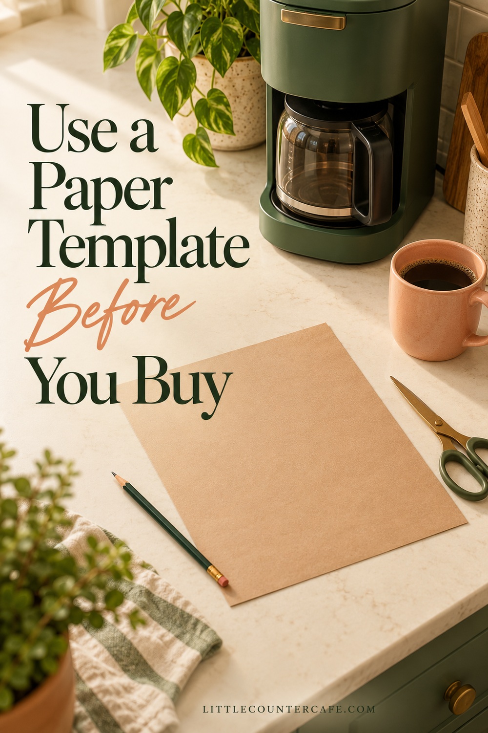 Concept illustration: Blank kraft paper footprint, pencil and scissors beside a green drip maker and peach cup.
