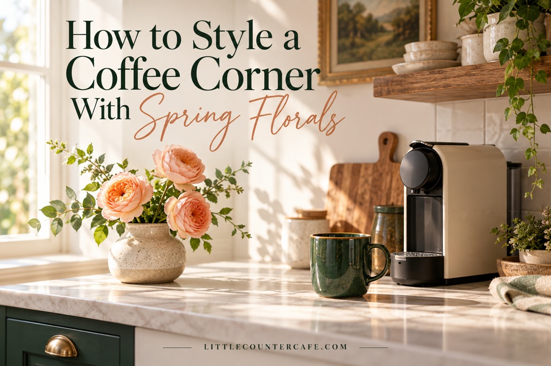 Peach roses in a low cream vase beside a green mug and compact coffee maker on a sunlit cream counter.