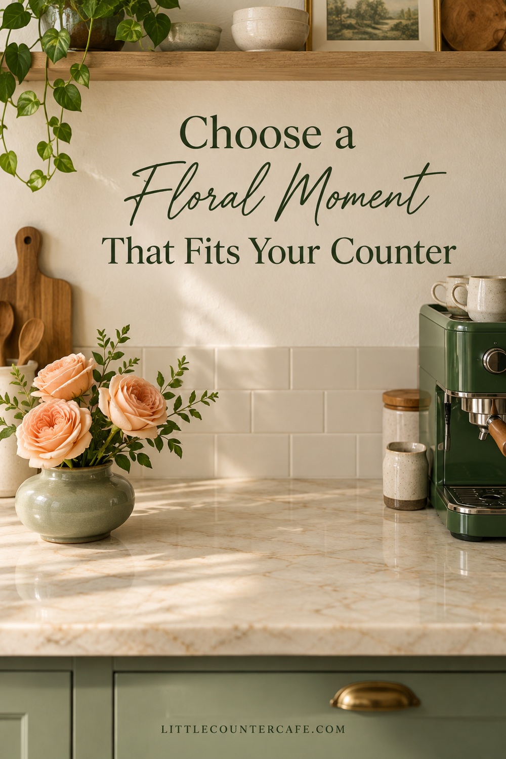 Low sage rose vase at one end of a cream counter with clear workspace before a green espresso machine.