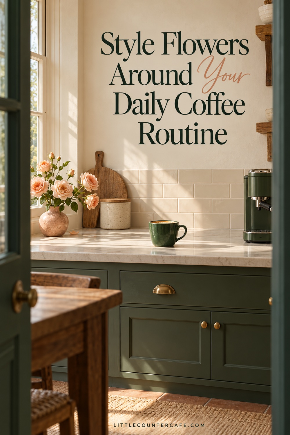 Doorway view of a green coffee corner with a peach rose vase at the opposite end of the counter from the machine.