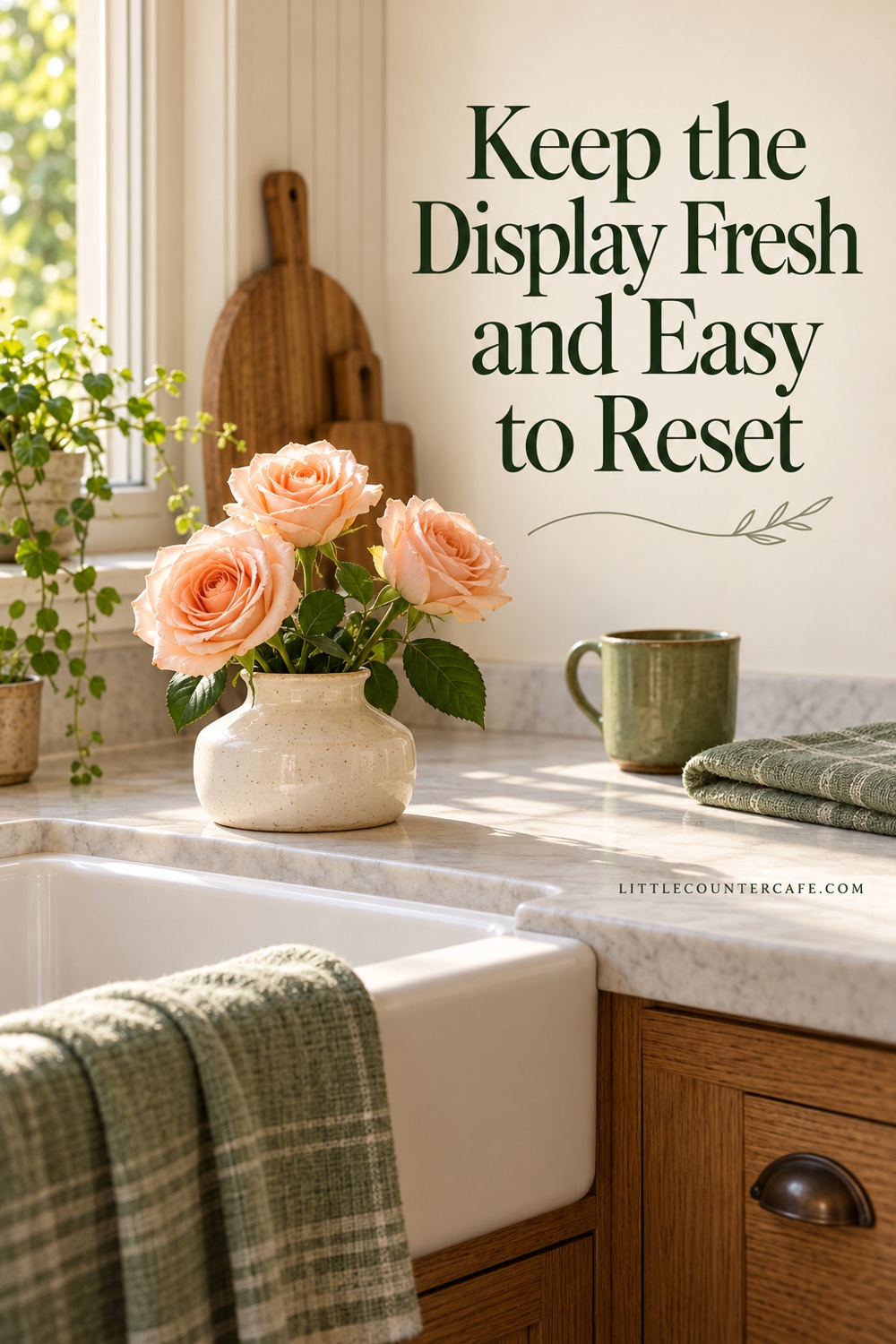 Short cream rose vase near a kitchen sink with a separate green mug and folded sage cleaning cloth.