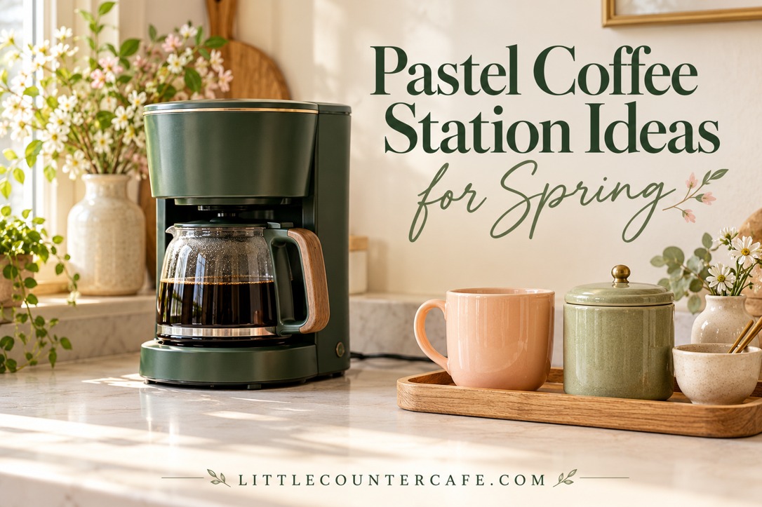 Forest-green coffee brewer on a cream counter beside a peach mug and closed sage tea tin on an oak tray.