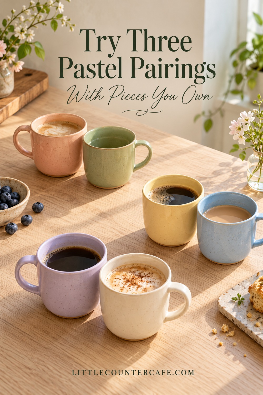 Three pairs of peach and sage, yellow and blue, and lilac and cream mugs arranged on a wooden table.