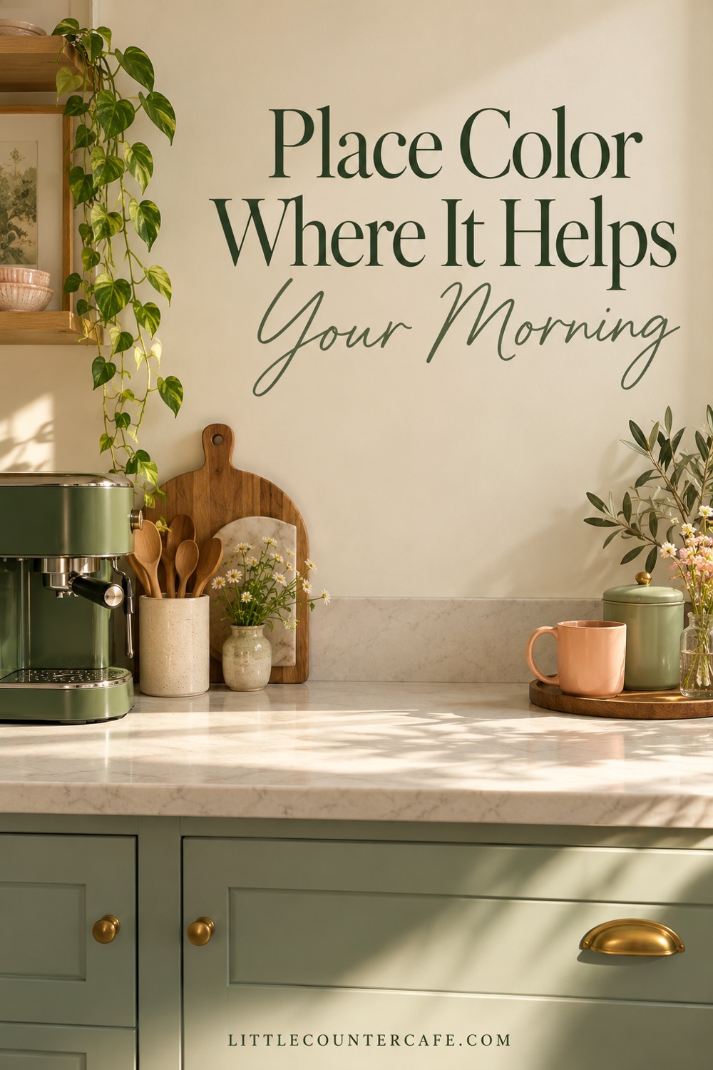 Green coffee machine and pastel accessory tray at opposite ends of a cream counter with open space between.
