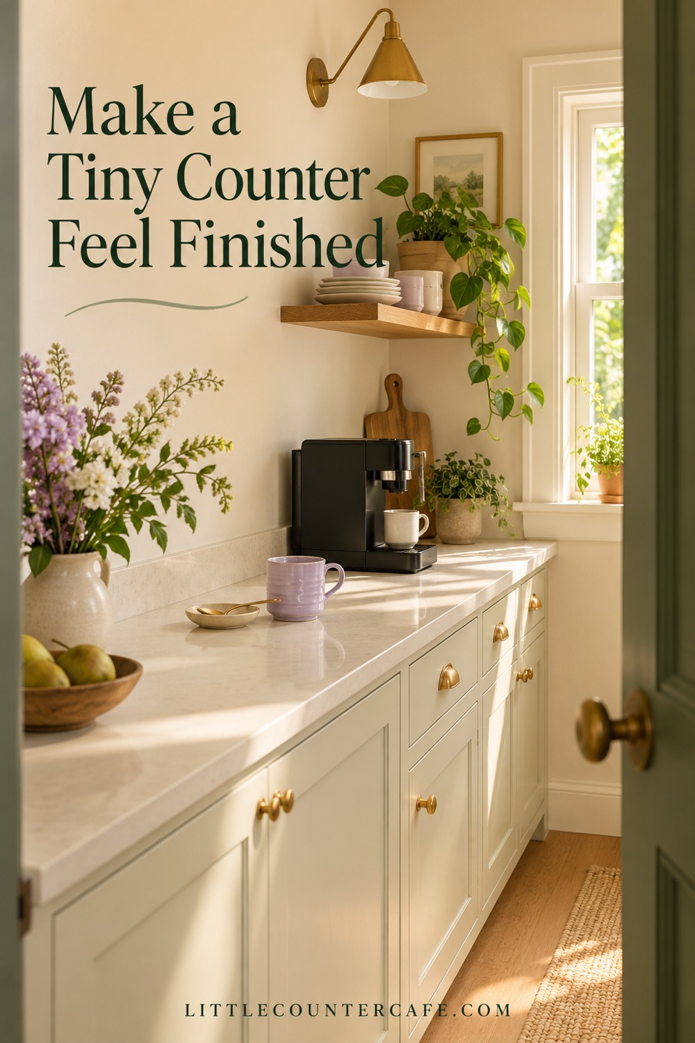 Narrow cream kitchen counter with a black brewer, lilac cup, cream spoon dish and open working space.