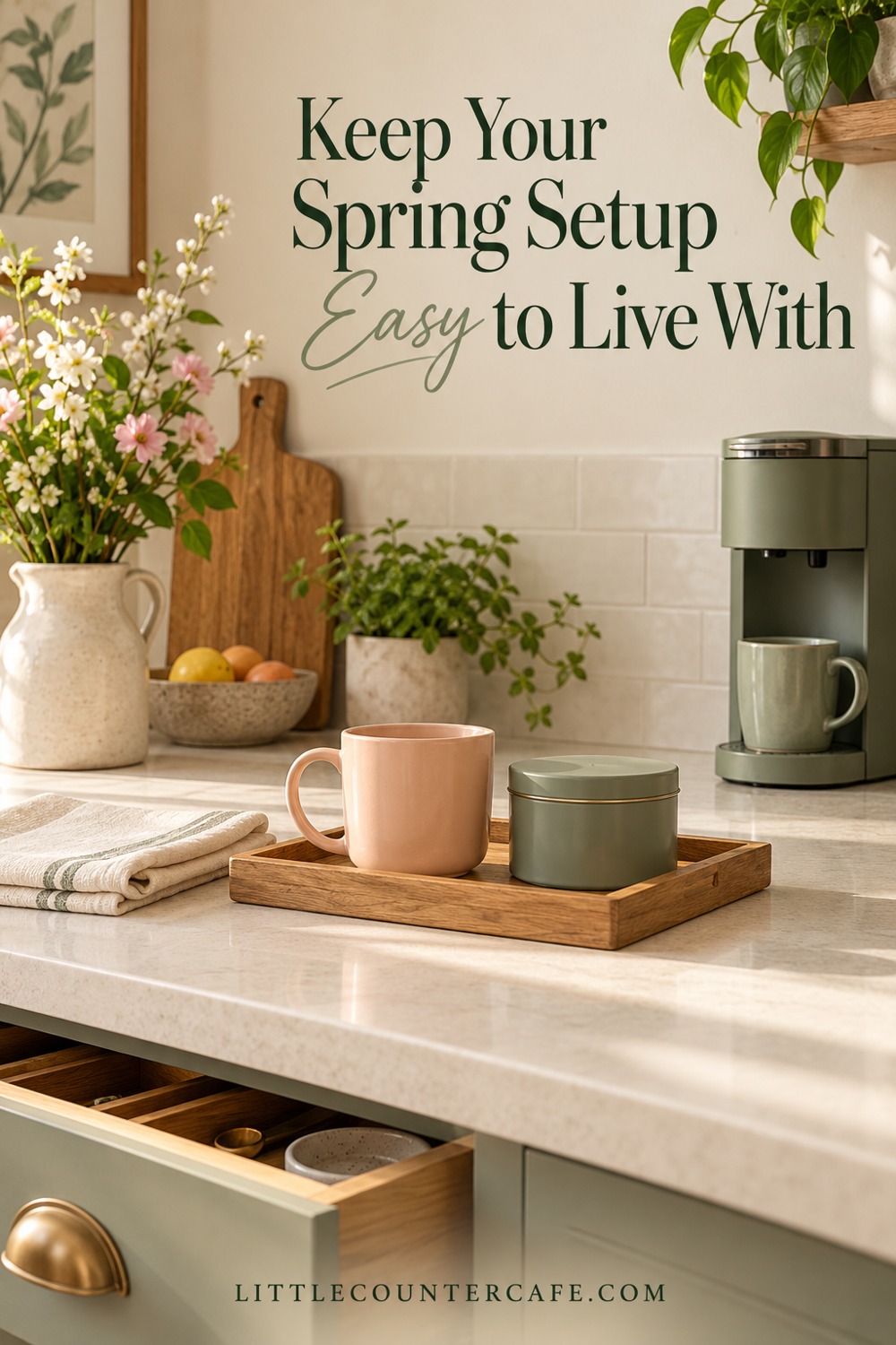 Oak tray with a peach mug and sage tin beside a folded cloth, with a coffee machine farther back.