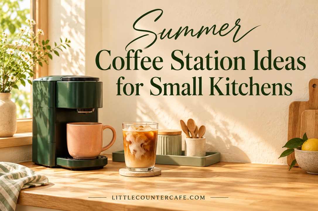 Small sunlit counter with a forest-green coffee maker, peach mug and an iced coffee glass; concept illustration with the heading Summer Coffee Station Ideas for Small Kitchens.