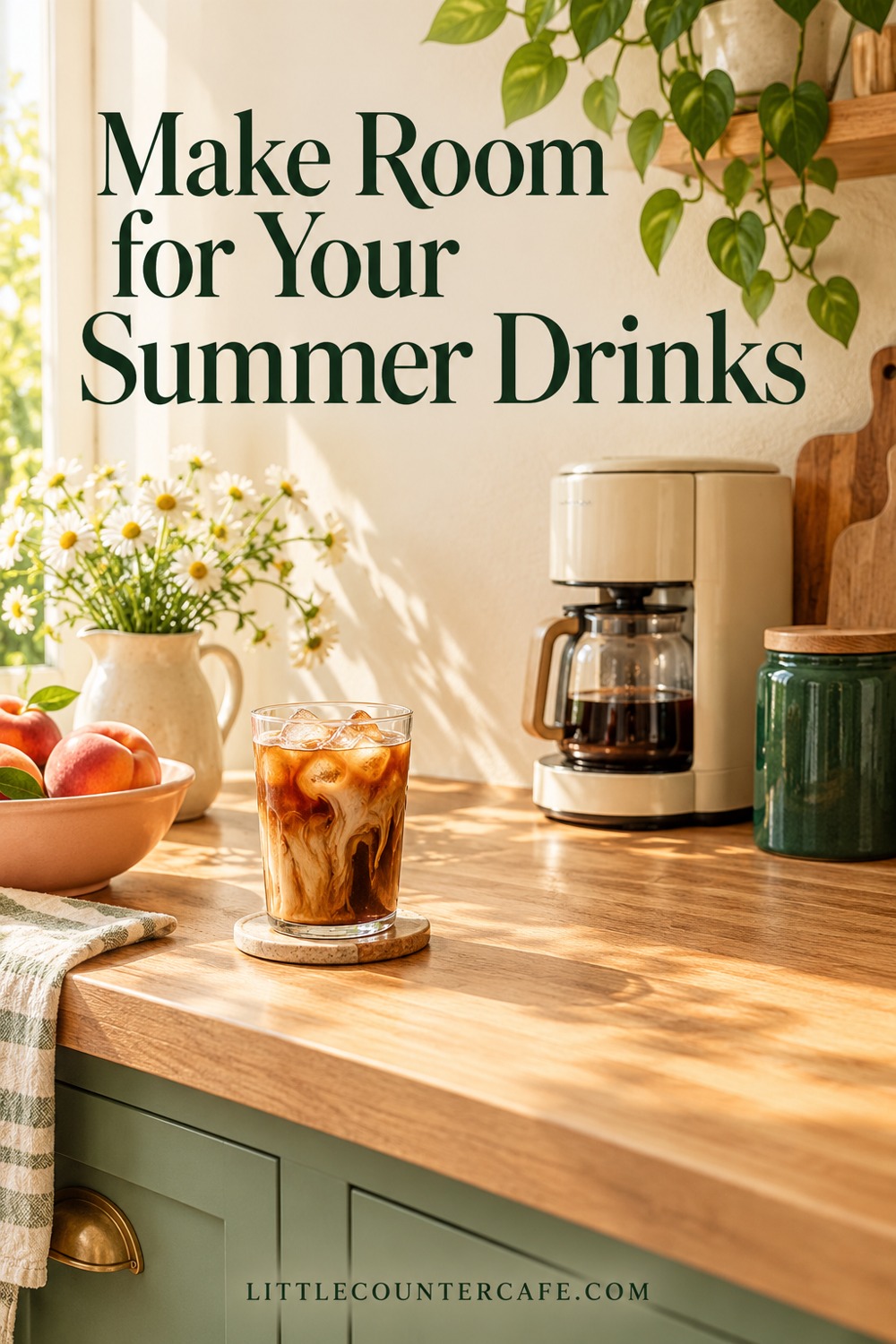 Clear preparation space beside a cream coffee maker and an iced drink; concept illustration with the heading Make Room for Your Summer Drinks.