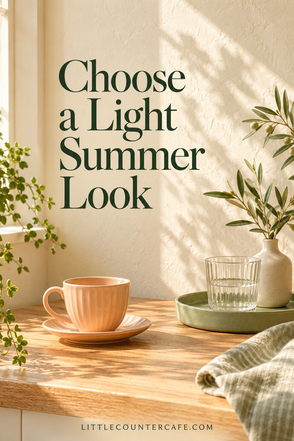 Peach cup, sage tray and simple summer drinkware on a small counter; concept illustration with the heading Choose a Light Summer Look.
