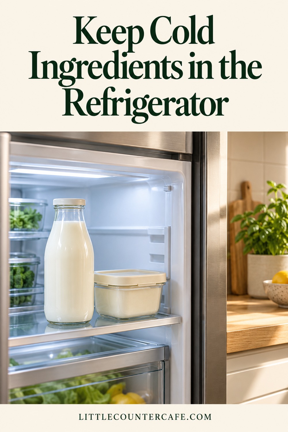 Closed milk bottle and lidded container arranged inside a refrigerator; concept illustration with the heading Keep Cold Ingredients in the Refrigerator.