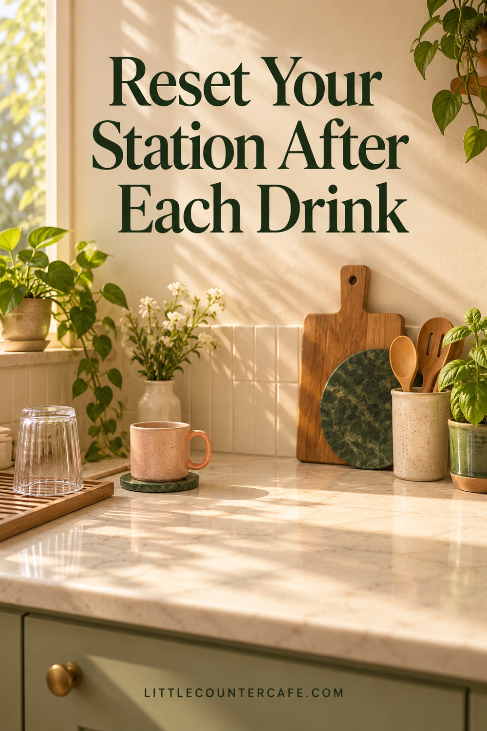 Dry accessories and a clear preparation spot after making a summer drink; concept illustration with the heading Reset Your Station After Each Drink.