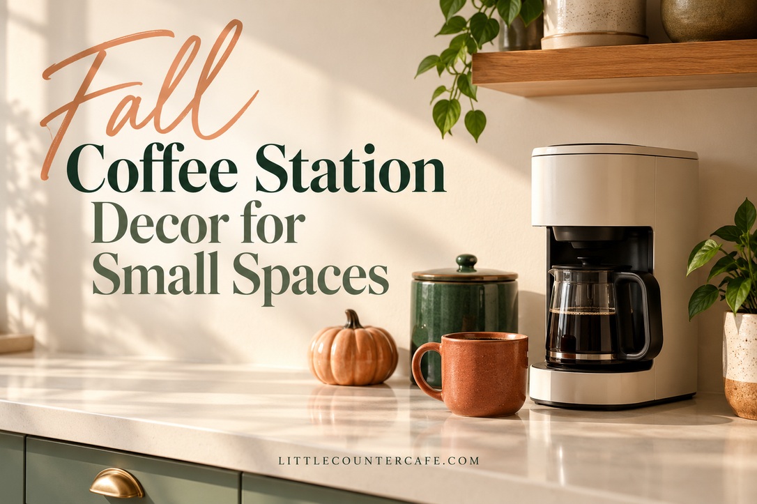 Cream coffee maker beside a rust mug, green canister and ceramic pumpkin on a cream counter.