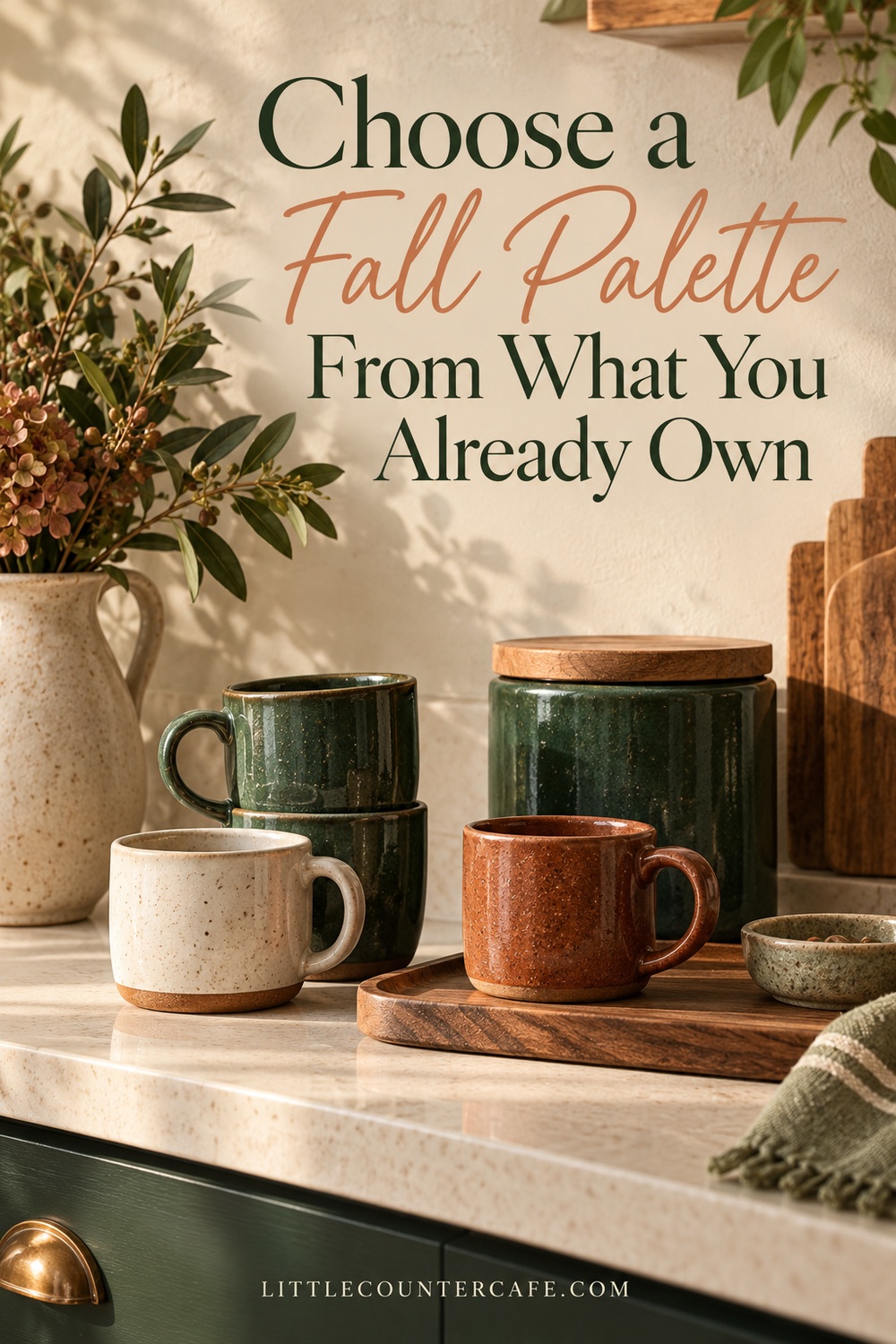 Cream, rust and forest-green mugs grouped with a green canister and wooden tray.