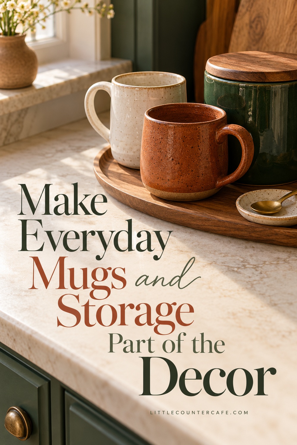 Rust and cream mugs beside a green canister and spoon dish on a wood tray.