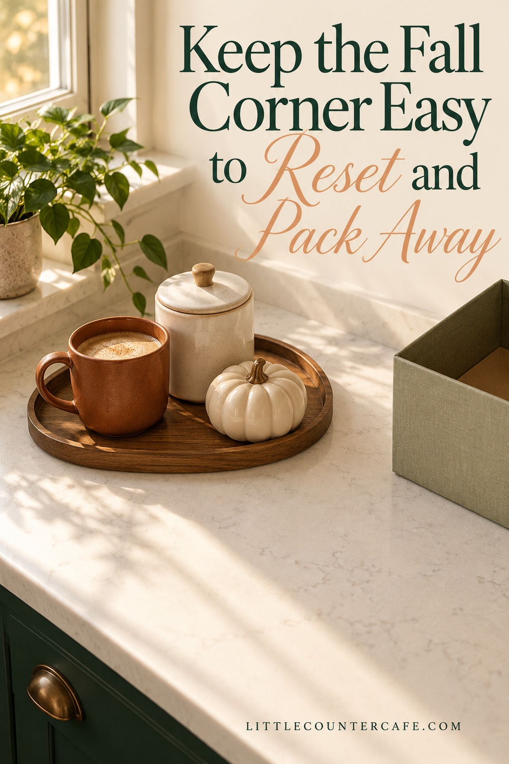 Rust mug, cream canister and ceramic pumpkin on a tray beside an open storage box.