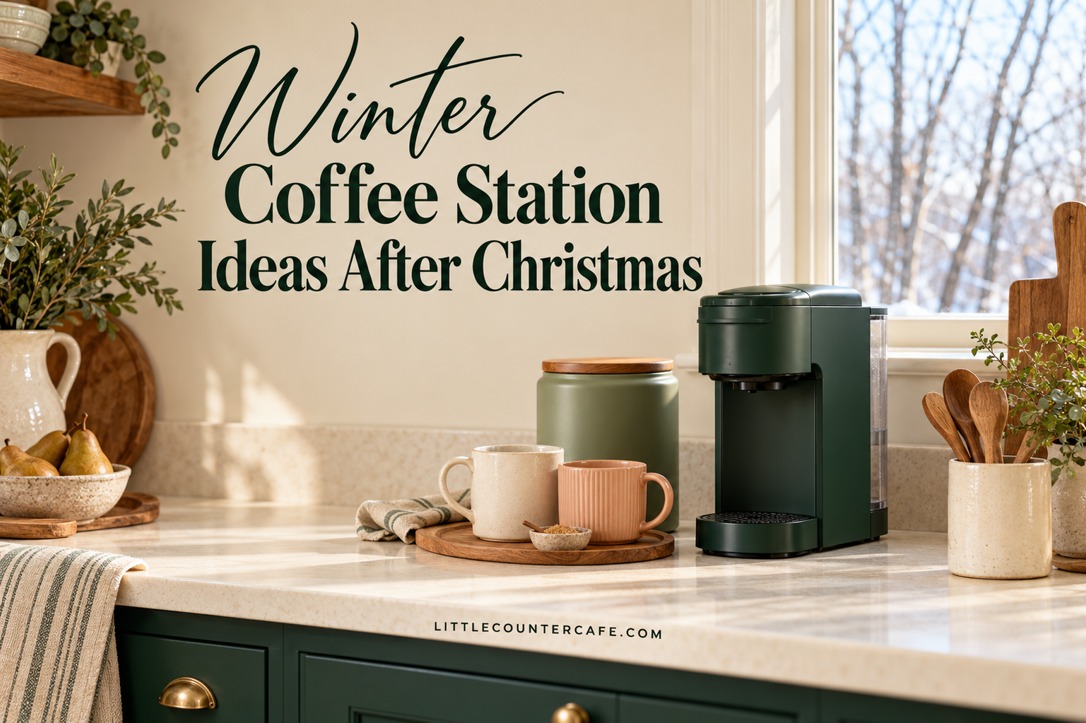 Forest green coffee maker beside cream and peach mugs on a wooden tray in a winter kitchen.