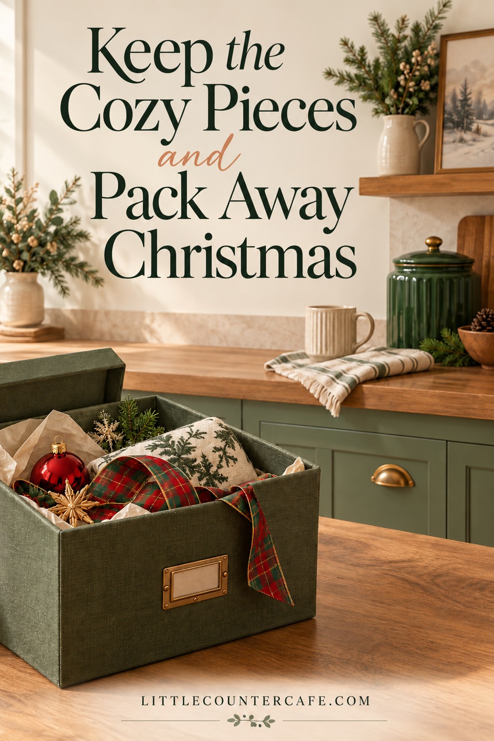 Open green box of Christmas decorations in front of a winter counter with cream mug and green canister.