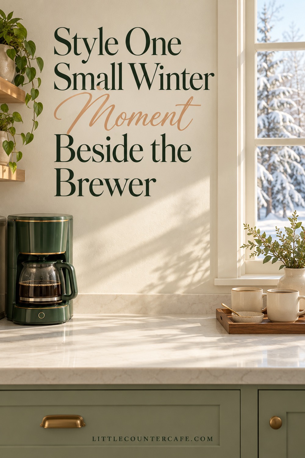Green coffee maker on a clear cream counter beside a separate small tray of mugs.
