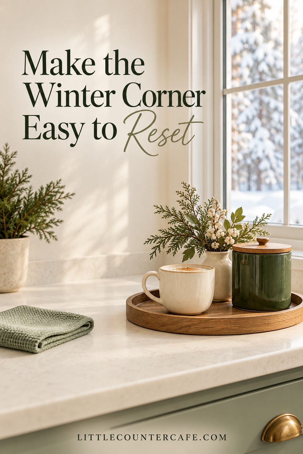 Cream mug and green canister in a simple winter corner with room for a daily reset.