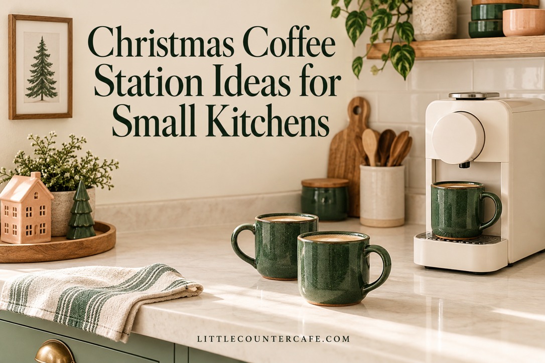 Cream coffee machine and green mugs beside a separate peach Christmas display.