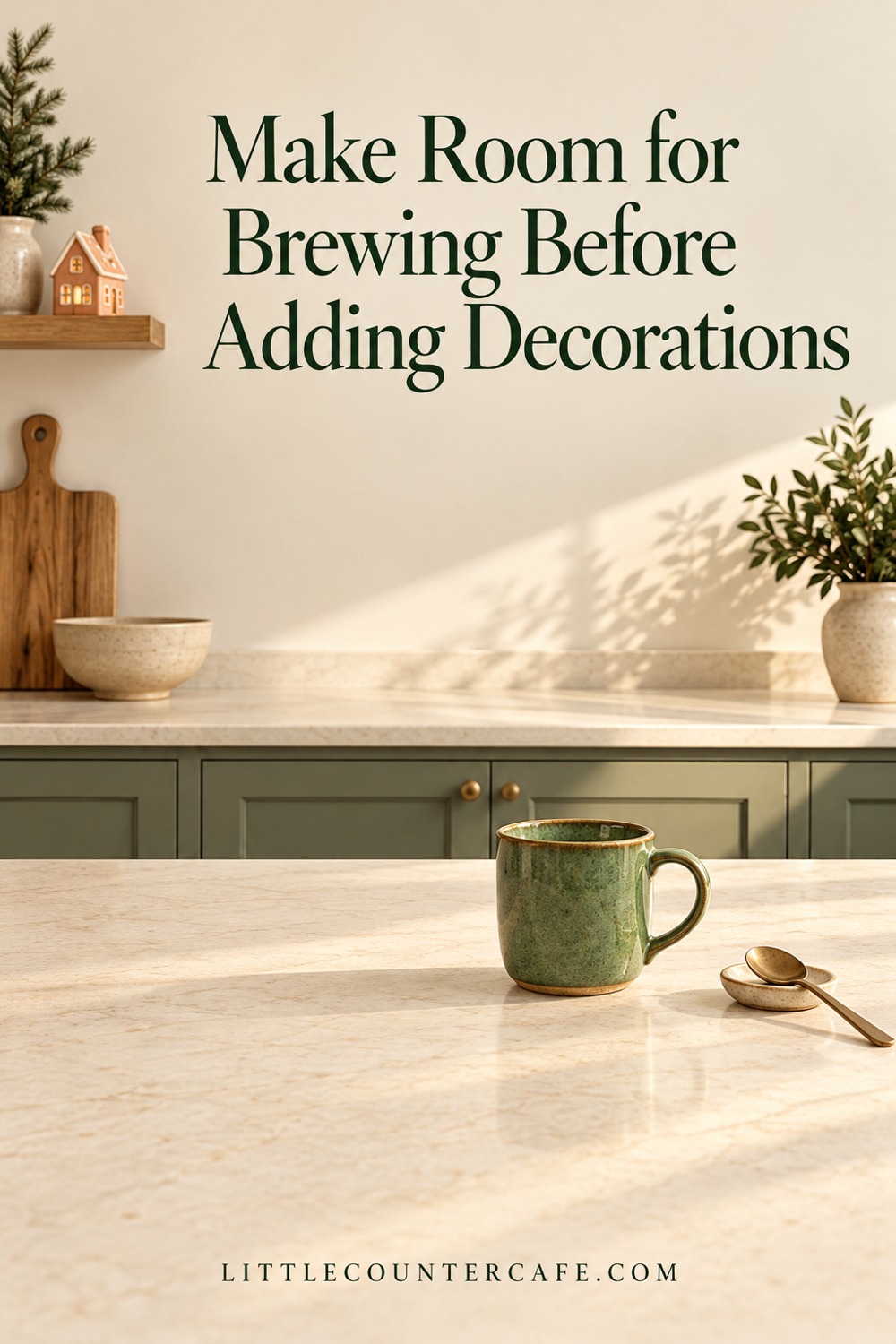 Green mug and spoon on a clear counter with a Christmas house on a distant shelf.