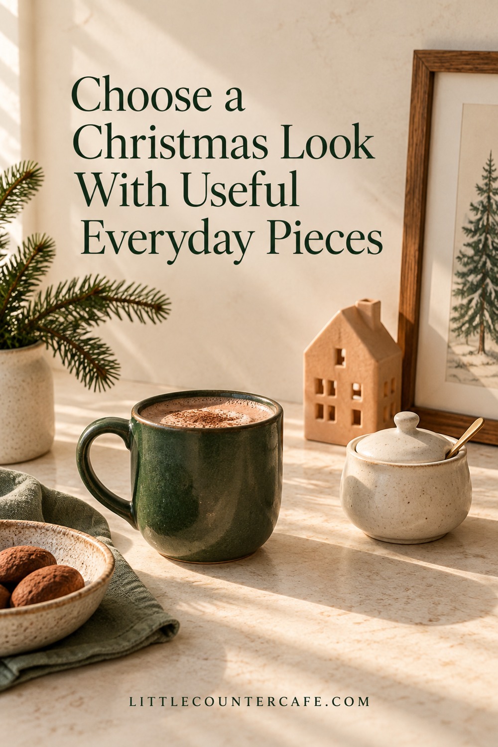 Green mug, cream sugar bowl and peach ceramic house in a warm holiday corner.