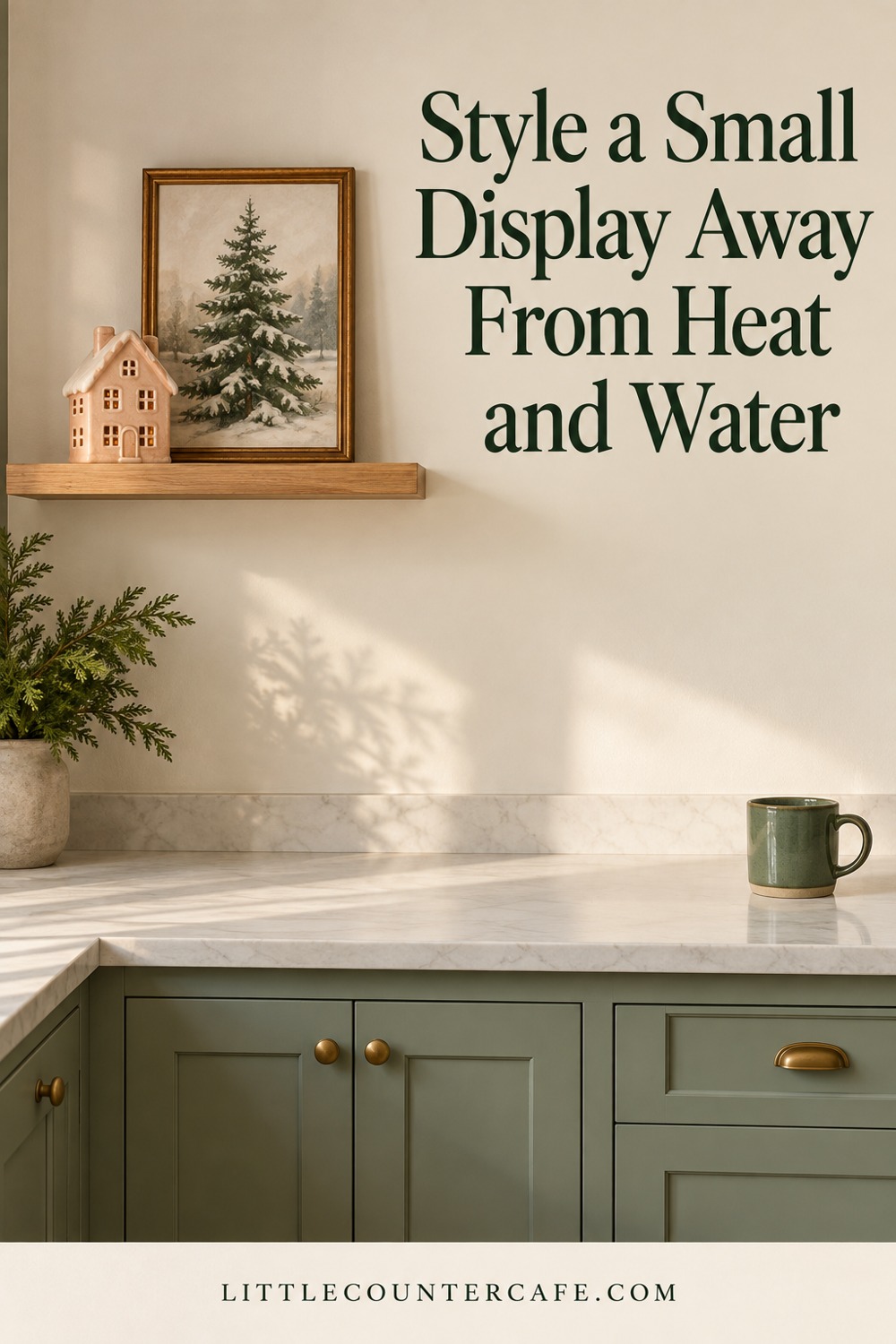 Christmas house and evergreen picture on a wall shelf above a clear counter.