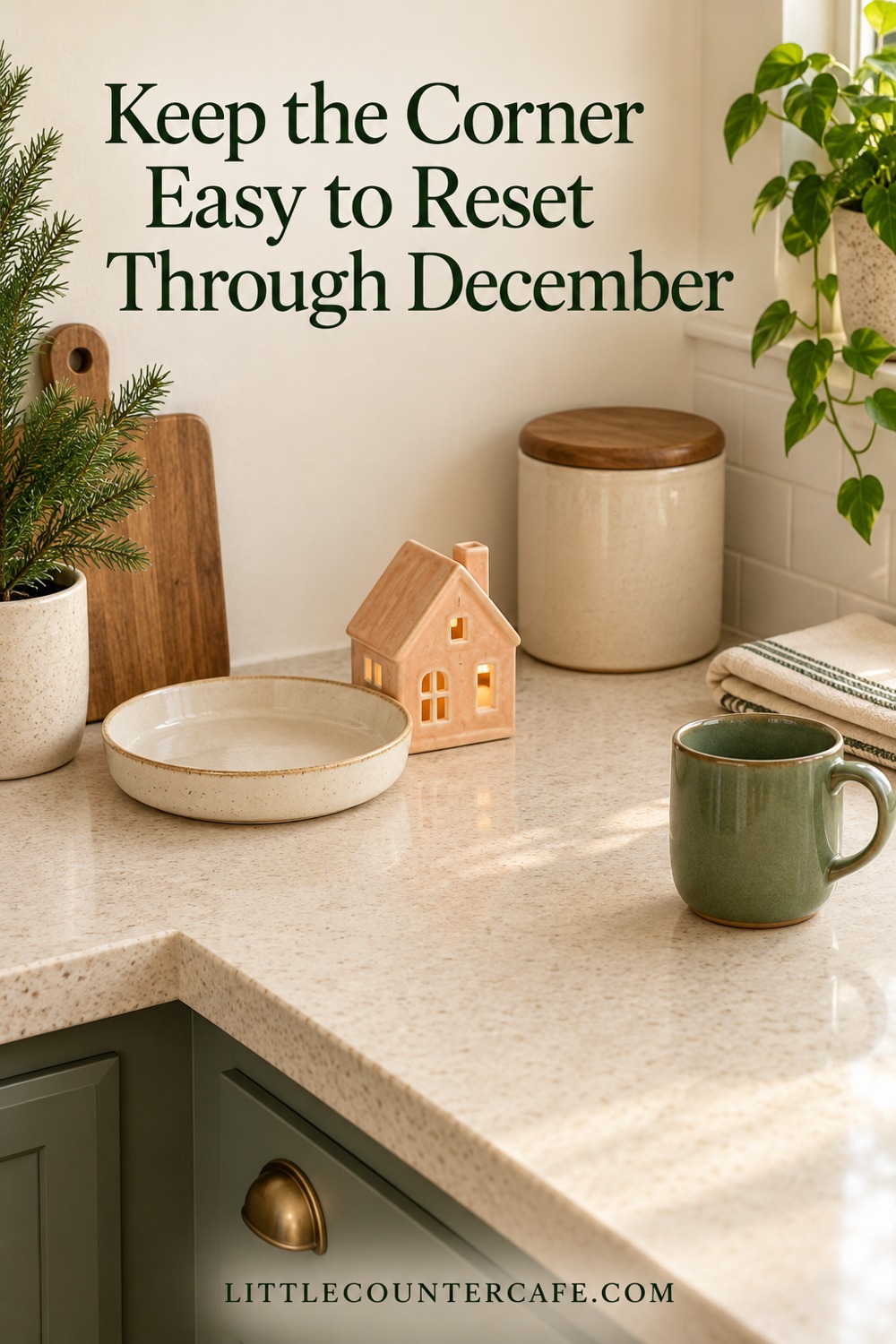 Peach ceramic house, dry dish, folded cloth and green mug on a cream counter.