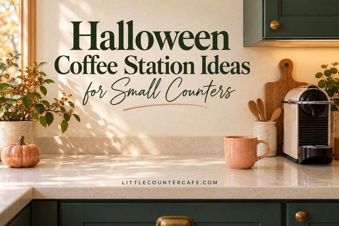 Peach mug, small ceramic pumpkin and compact coffee machine on a cream counter with green cabinets.