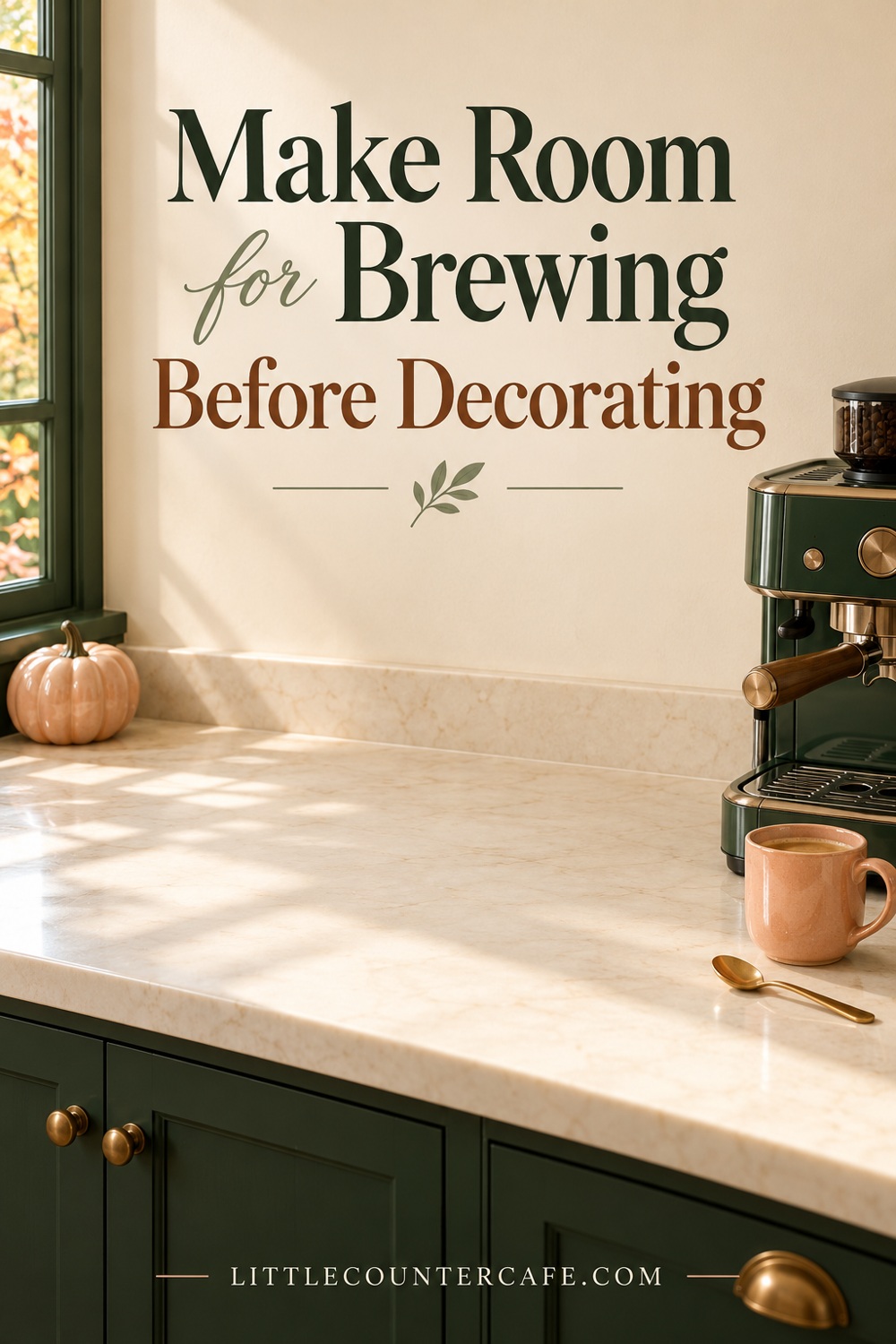 Coffee machine at the right of a clear cream counter with a peach cup and small pumpkin at the other end.