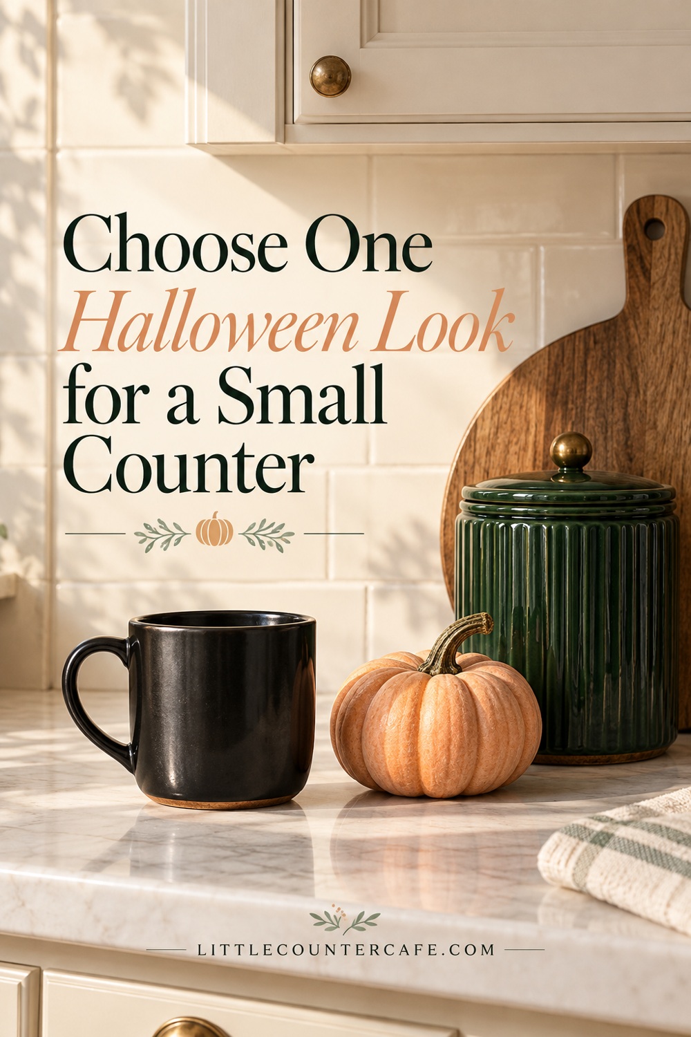 Black mug, peach pumpkin and closed green canister on a light kitchen counter.