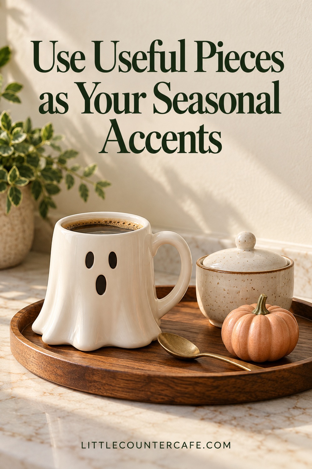 White ghost mug, lidded bowl, spoon and little pumpkin on a wooden supply tray.