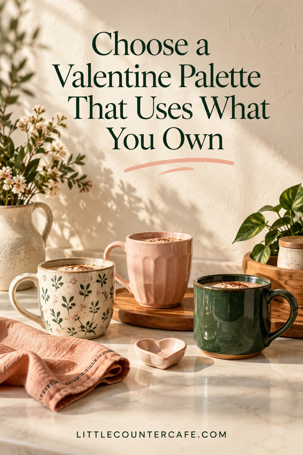 Cream, pink and green mugs with a peach napkin on a kitchen counter