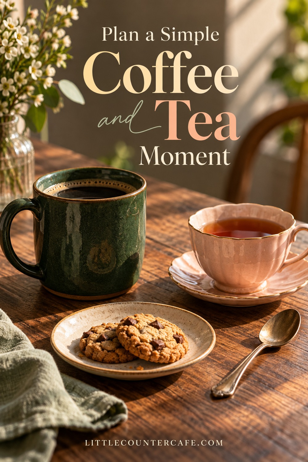 Green coffee mug and blush teacup beside two cookies on a wooden table