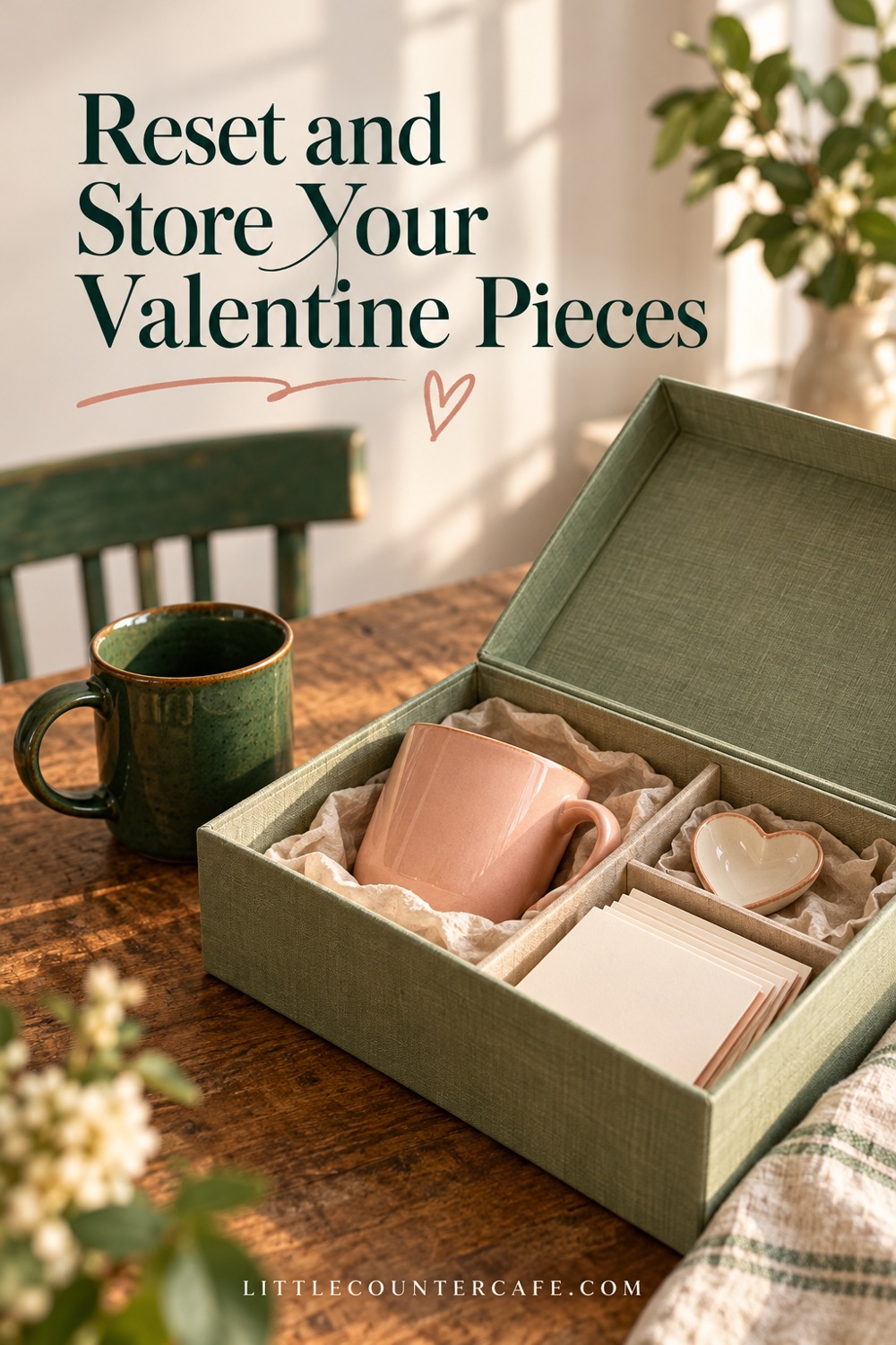 Open storage box containing seasonal mugs and a ceramic heart