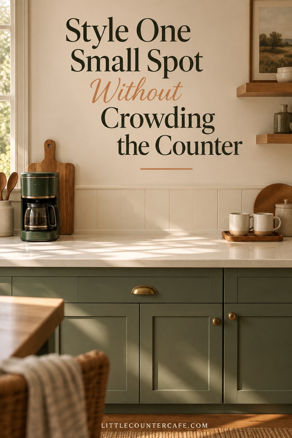 Clear cream counter between a compact green coffee maker and a small mug tray