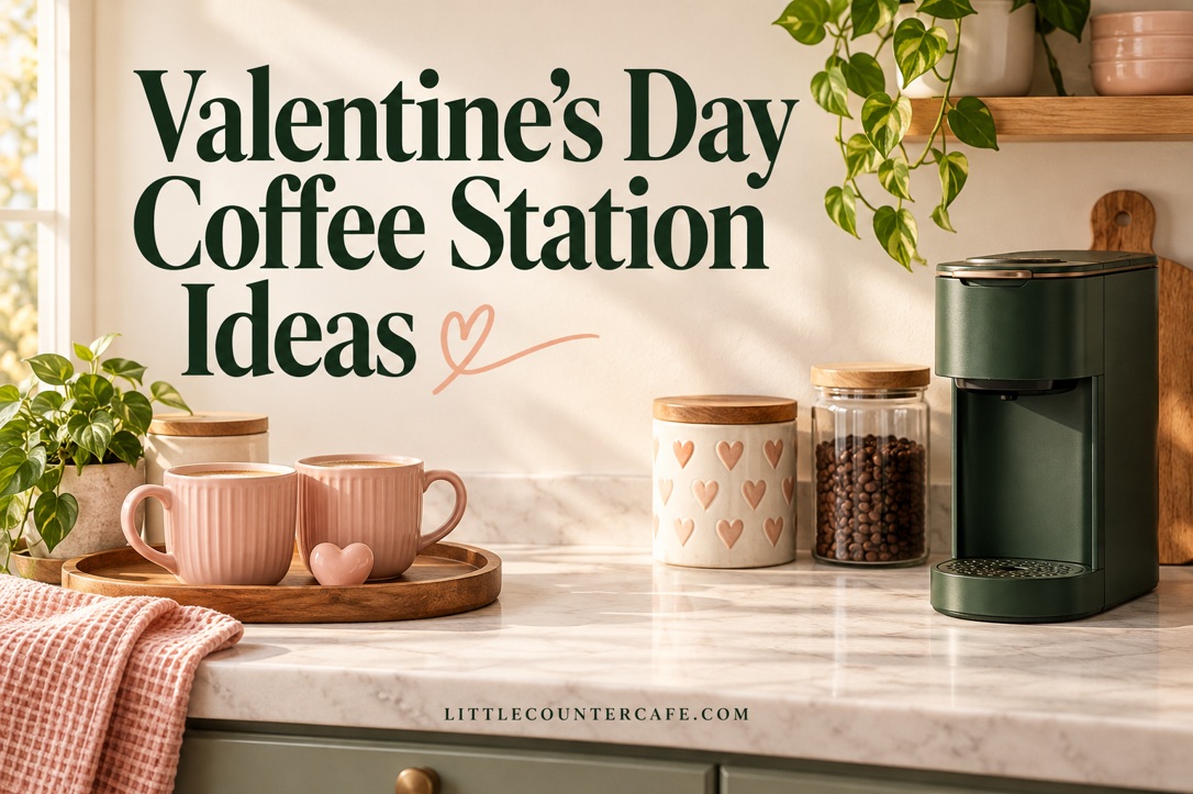Small cream coffee counter with two blush mugs and green compact machine