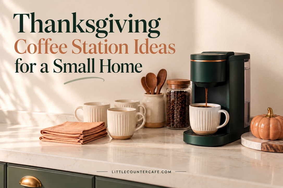 Cream mugs, folded peach napkins and a green brewer beside a small ceramic pumpkin on a clear kitchen counter.