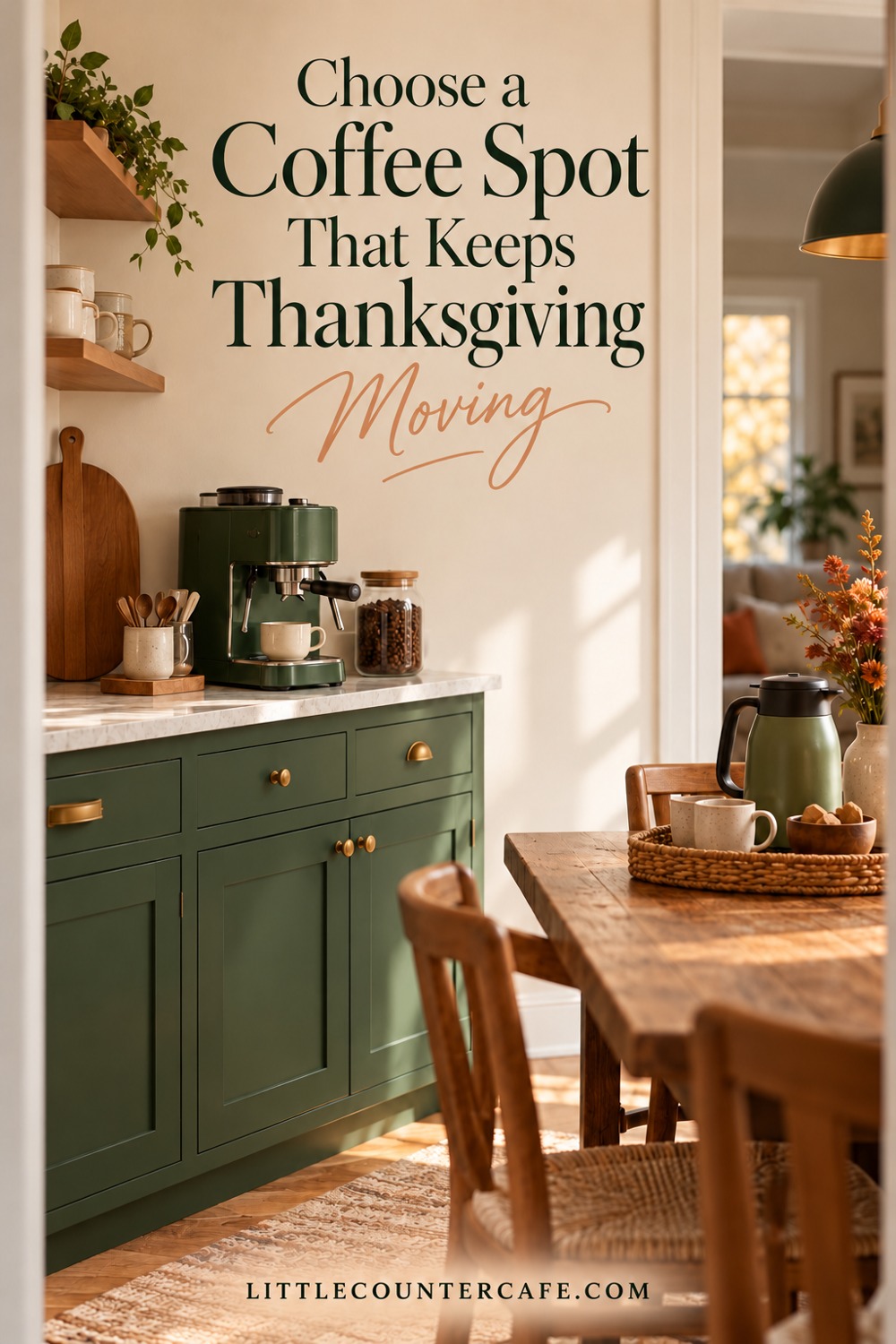 Green kitchen coffee nook beside a clear doorway and separate dining table coffee pickup tray.