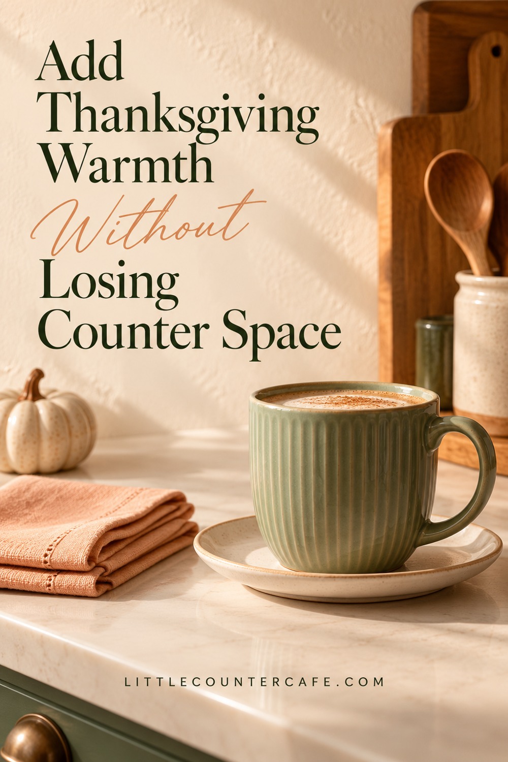 A green mug, peach napkins and one ceramic pumpkin make a compact Thanksgiving accent.