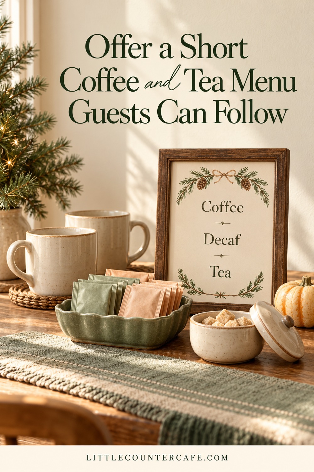 Framed coffee, decaf and tea menu with cream cups, wrapped tea sachets and a sugar bowl.
