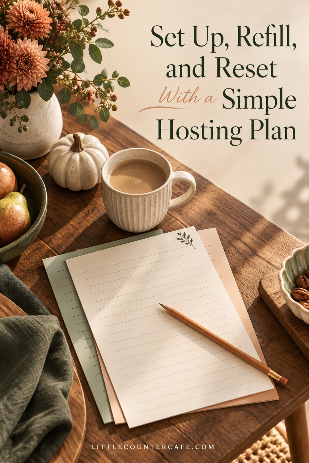 Blank planning sheets and a pencil beside a cream coffee mug and a ceramic pumpkin.